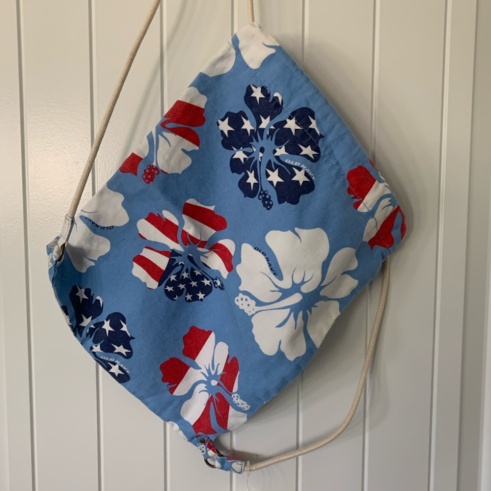 Old Navy Patriotic Cinch Backpack w Hibiscus 🌺 Flower Design NWT